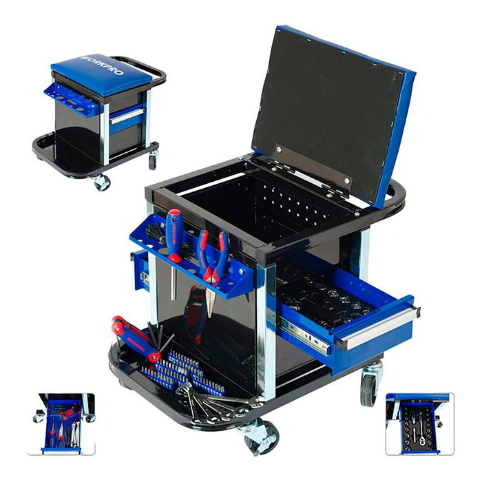 Workpro Siège roulant atelier + 136 outils métrique-SAE, 2 tiroirs, cuir synthétique, 150 kg, 36x45x52 cm