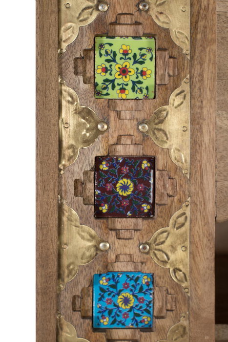 GINER Y COLOMER - Bibliothèque en bois de manguier couleur noisette, avec portes, tiroirs et carreaux de céramique peints à la main, style ethnique artisanal