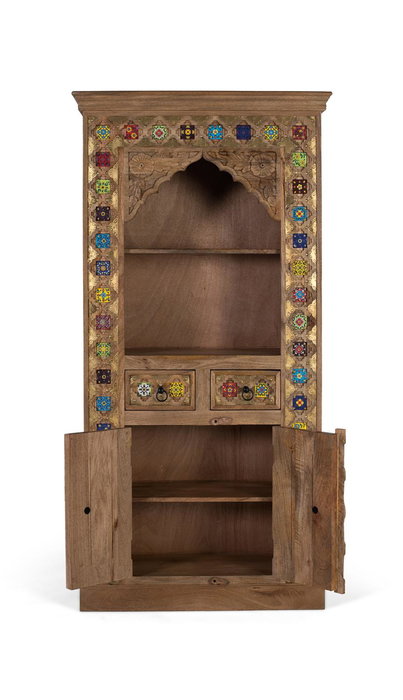 GINER Y COLOMER - Bibliothèque en bois de manguier couleur noisette, avec portes, tiroirs et carreaux de céramique peints à la main, style ethnique artisanal