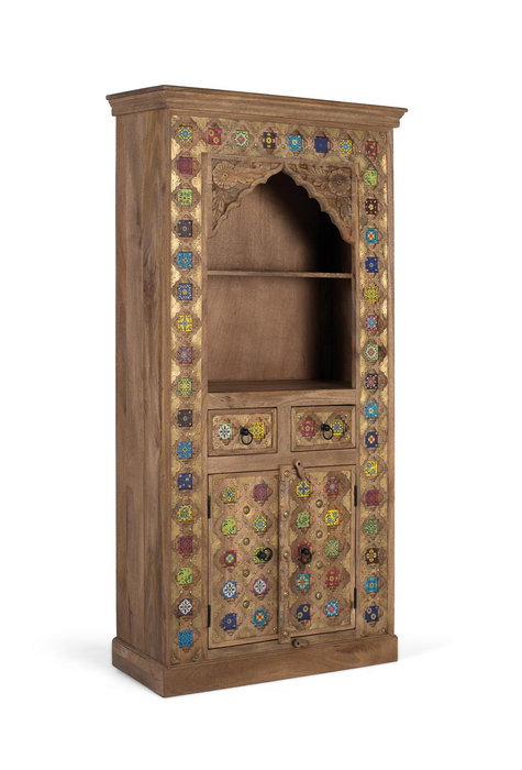 GINER Y COLOMER - Bibliothèque en bois de manguier couleur noisette, avec portes, tiroirs et carreaux de céramique peints à la main, style ethnique artisanal