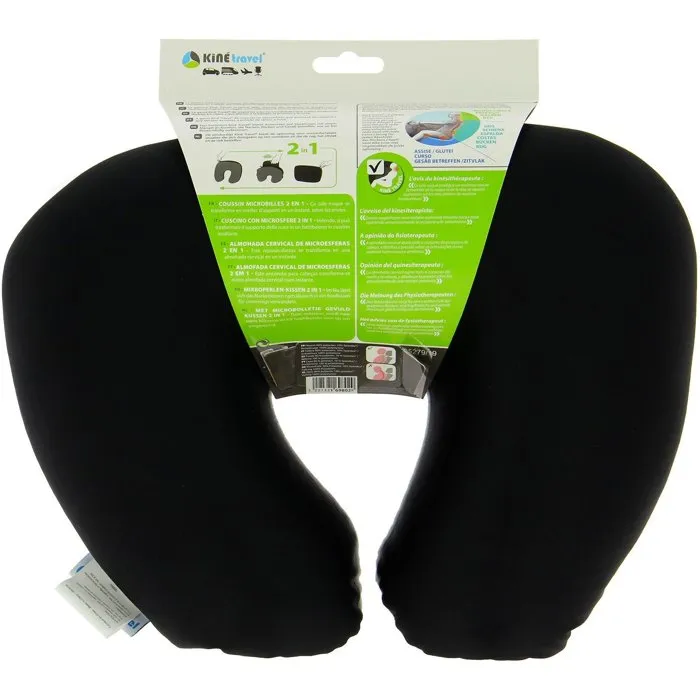 Kine Travel - Coussin Microbilles 2 en 1 Cale Nuque et Oreiller de Voyage 37x29x10cm (Noir/Gris), Approuvé Kinésithérapeute, Textile Doux