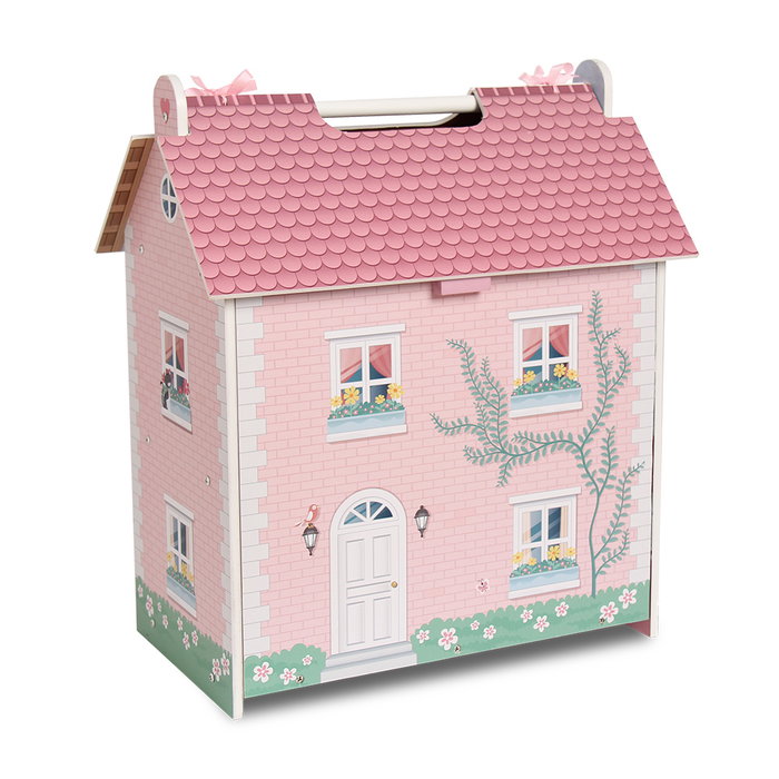 DEQUBE Maison de poupées portative en bois premium avec 7 accessoires, pour enfants à partir de 3 ans