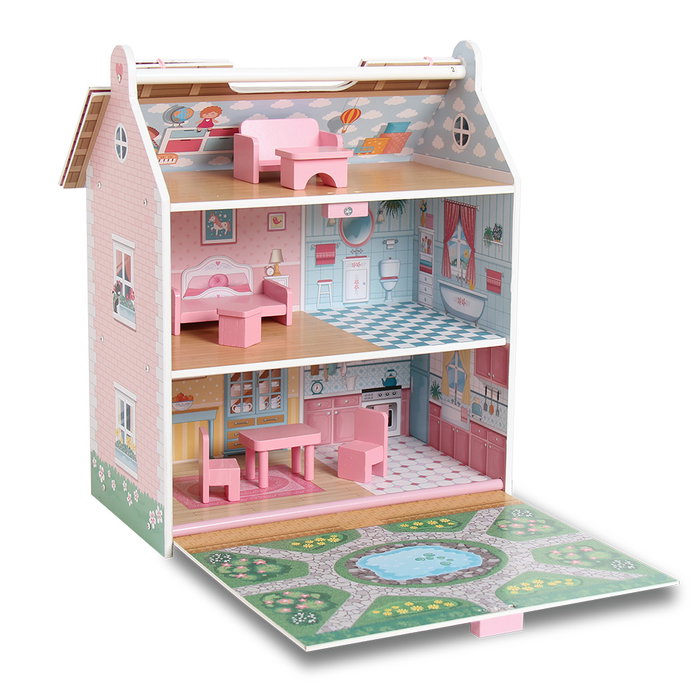 DEQUBE Maison de poupées portative en bois premium avec 7 accessoires, pour enfants à partir de 3 ans