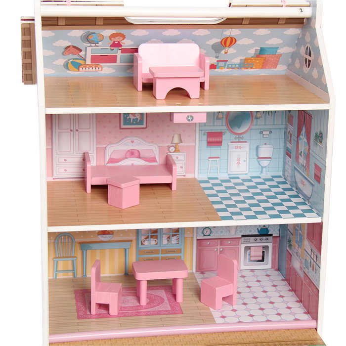 DEQUBE Maison de poupées portative en bois premium avec 7 accessoires, pour enfants à partir de 3 ans