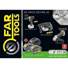Fartools X-FIT Pack Gros Oeuvre 3 Machines 18V - Perceuse/Visseuse à Percussion, Marteau-Perforateur, Meuleuse d'Angle 115mm avec 2 Batteries 3.0Ah