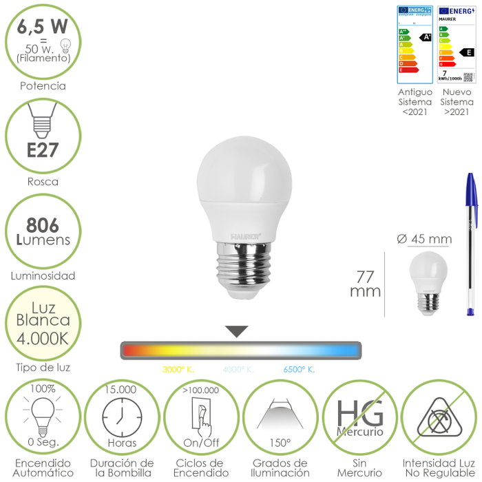 MAURER Ampoule LED Sphérique E27 6,5 W 4000 K MAURER Ampoule LED Sphérique E27 6,5 W 4000 K