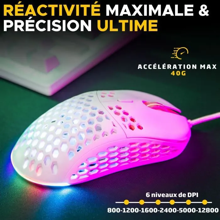 The G-Lab KULT-OXYGEN - Souris Gamer Filament PC/PS5, 12800 DPI Réglable, Rétroéclairage RGB Personnalisable, Ultra-Légère - Blanc