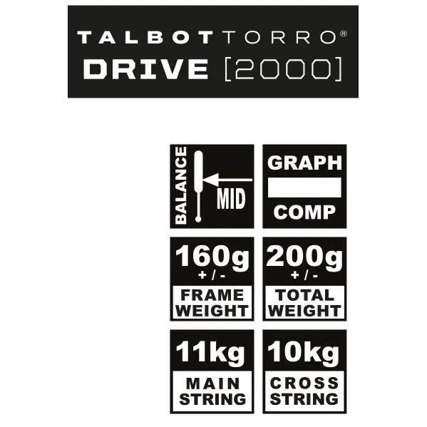 Talbot Torro DRIVE 2000 - Raquette de Squash en Graphite Composite, Tête 500 cm², Cadre 19 mm/160 g, Cordage US 500, Poids 200 g