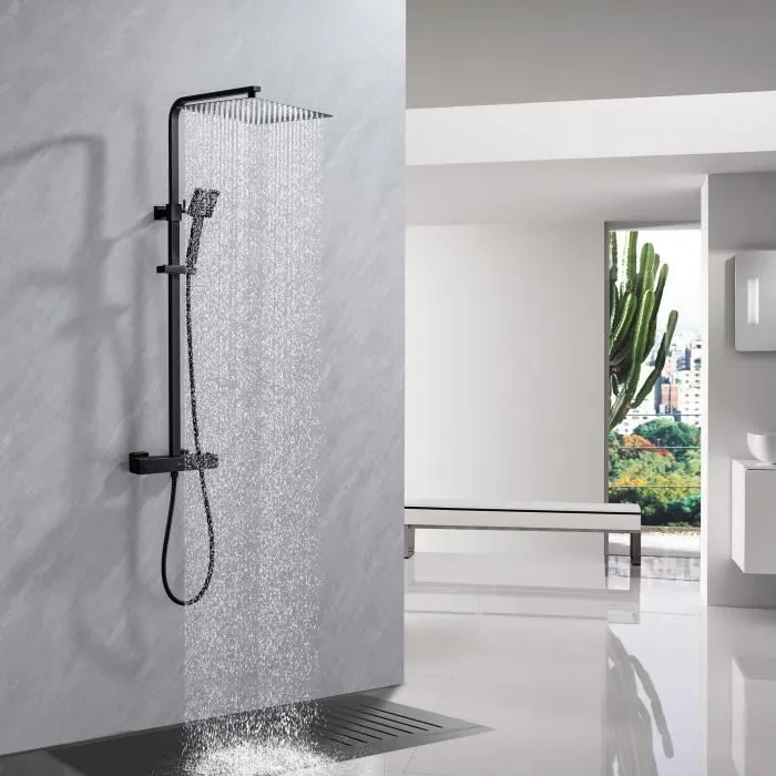 Oceanic Colonne de Douche avec Mitigeur Thermostatique, Pomme Haute Carrée 30x30 cm et Douchette, Finition Noir Mat en Inox Oceanic Colonne de Douche avec Mitigeur Thermostatique, Pomme Haute Carrée 30x30 cm et Douchette, Finition Noir Mat en Inox