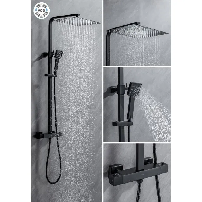 Oceanic Colonne de Douche avec Mitigeur Thermostatique, Pomme Haute Carrée 30x30 cm et Douchette, Finition Noir Mat en Inox Oceanic Colonne de Douche avec Mitigeur Thermostatique, Pomme Haute Carrée 30x30 cm et Douchette, Finition Noir Mat en Inox