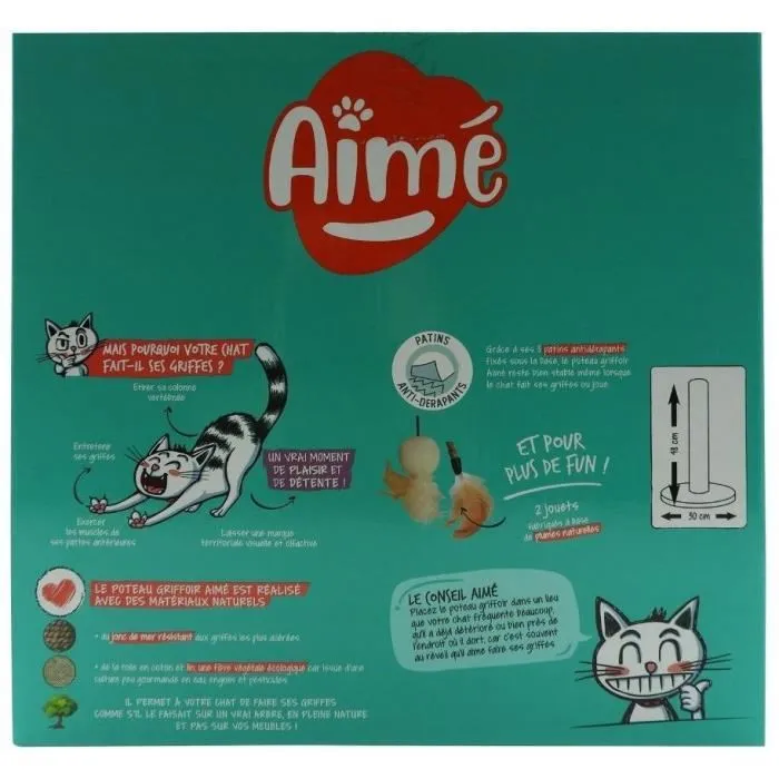 Aimé - Griffoir pour Chat avec Jouets en Plumes - Poteau Antidérapant 48 x 30 cm