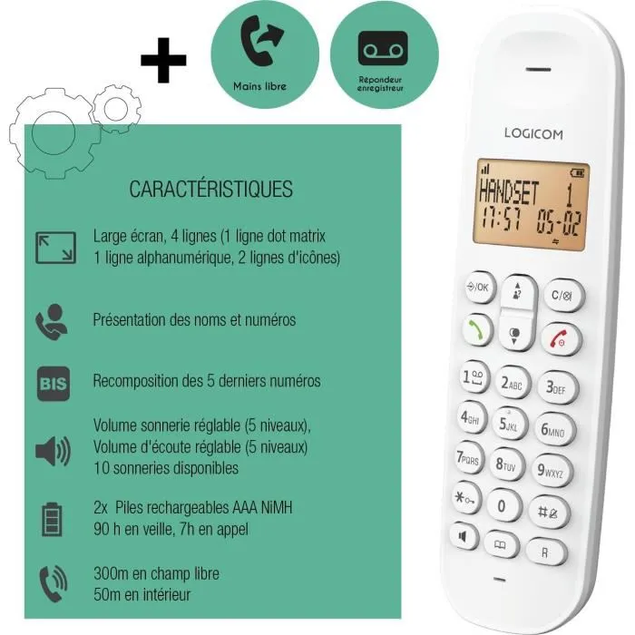 Logicom Téléphone fixe sans fil DECT ILOA 155T SOLO Blanc avec répondeur - Mains libres - 7h d'autonomie Logicom Téléphone fixe sans fil DECT ILOA 155T SOLO Blanc avec répondeur - Mains libres - 7h d'autonomie