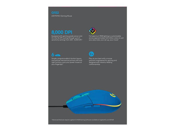 Logitech G102 Lightsync Souris Gaming Filaire USB Optique 8000 DPI Bleu Logitech G102 Lightsync Souris Gaming Filaire USB Optique 8000 DPI Bleu