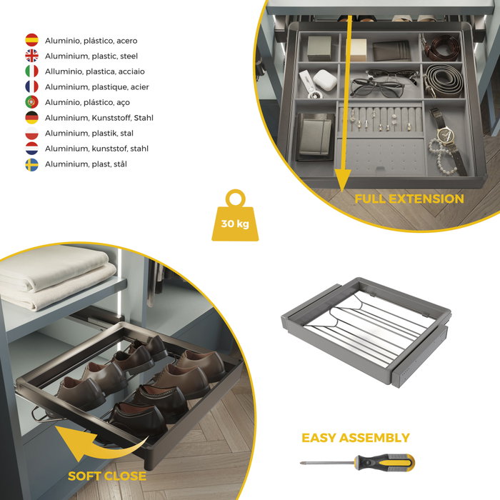 Emuca Kit tiroir à chaussures et rack ajustable Quartz pour armoires, glissières extension totale et à fermeture douce, Module 60cm, Finition Titane Emuca Kit tiroir à chaussures et rack ajustable Quartz pour armoires, glissières extension totale et à fermeture douce, Module 60cm, Finition Titane