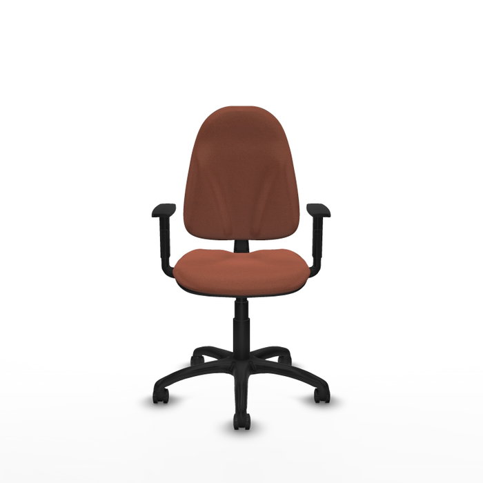 Chaise de bureau Algarra avec mécanisme de contact permanent de base, rembourrée de tissu marron. Équipée d'une base en polyamide noir, d'accoudoirs 1D et de roulettes autobloquantes