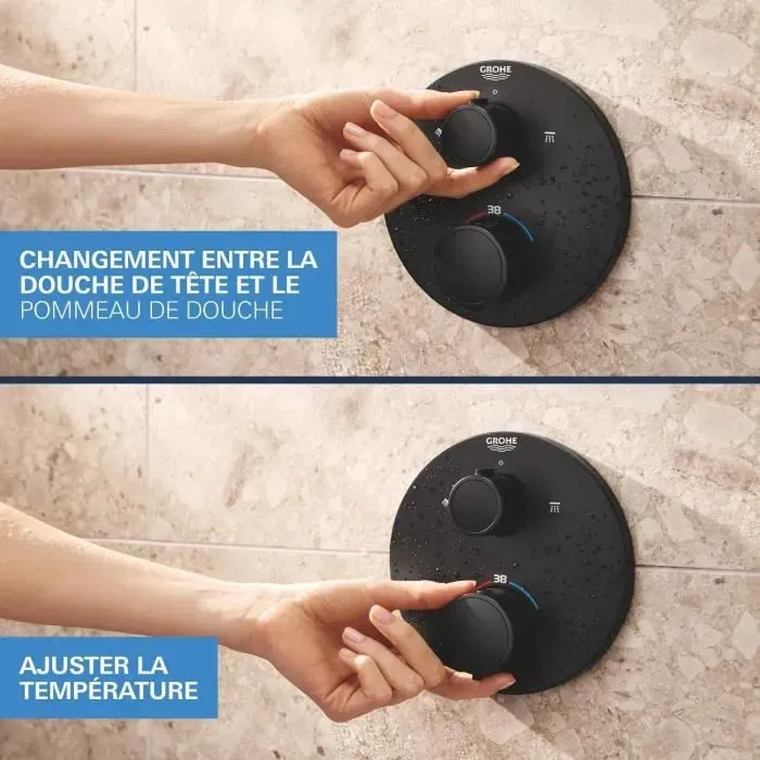 GROHE Mitigeur Thermostatique Douche Encastrée Noir, 1 + 2 Jets, Réf. 348832430 - Ensemble Douche Moderne