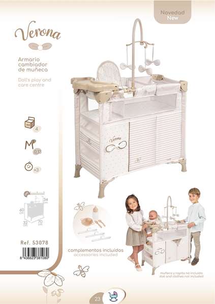 Decuevas Armario cambiador plegable Verona avec accessoires pour poupées - Armoire à langer pliable avec accessoires pour poupées jusqu'à 42 cm - Dimensions: 60x32x70 cm