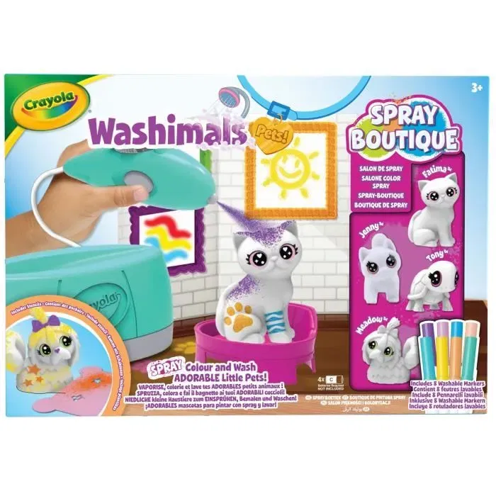 Crayola Kit de Coloriage Washimals Spray Boutique pour Enfants - Vaporiser et Colorier des Animaux Lavables, Pochoirs Inclus, Dès 3 Ans