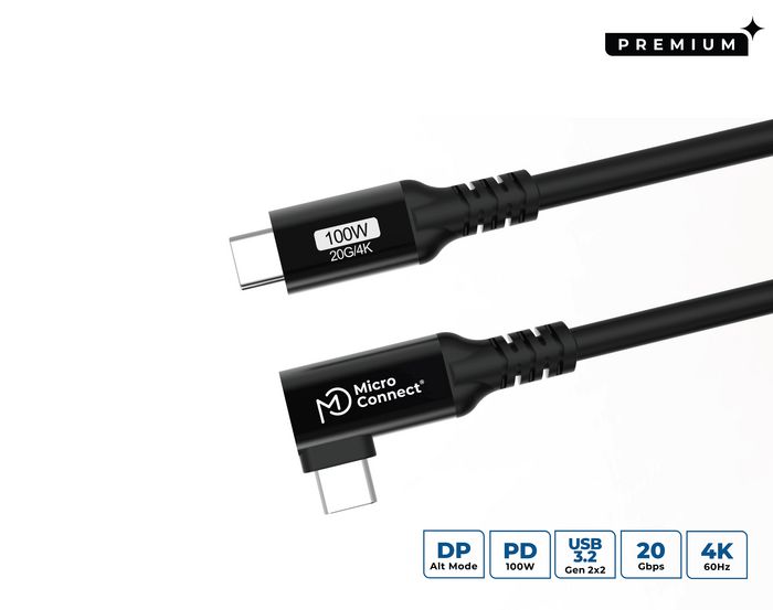 MicroConnect Câble USB-C vers USB-C Premium 4m, 100W, 20Gbps, USB 3.2 Gen 2x2, Angulaire MicroConnect Câble USB-C vers USB-C Premium 4m, 100W, 20Gbps, USB 3.2 Gen 2x2, Angulaire