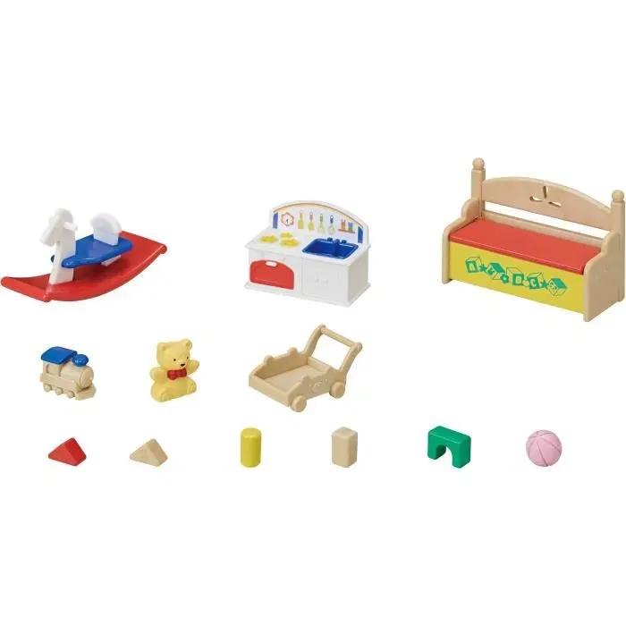 Sylvanian Families - Coffret Le coffre à jouets des bébés avec figurines Bébé Lapin Blanc, Bébé Panda, jouets et cuisine - Gamme Meubles et Accessoires - À partir de 3 ans