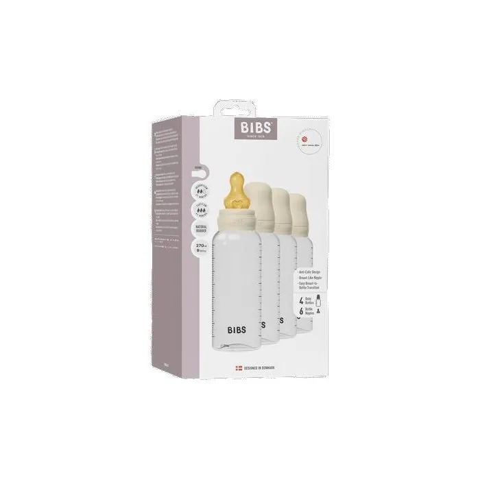 Bibs Biberon bébé avec embout rond, caoutchouc naturel, 270 ml, Ivory, Pack de 4