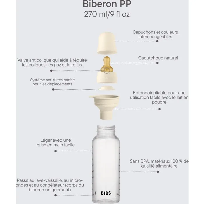Bibs Biberon bébé avec embout rond, caoutchouc naturel, 270 ml, Ivory, Pack de 4