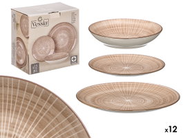 Vessia Vajilla 12 pièces Rayures Marron Porcelaine Service de Table 28x28x17 cm (Set de 2)
