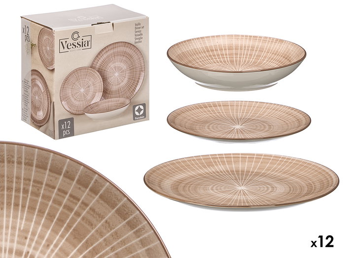 Vessia Vajilla 12 pièces Rayures Marron Porcelaine Service de Table 28x28x17 cm (Set de 2) Vessia Vajilla 12 pièces Rayures Marron Porcelaine Service de Table 28x28x17 cm (Set de 2)