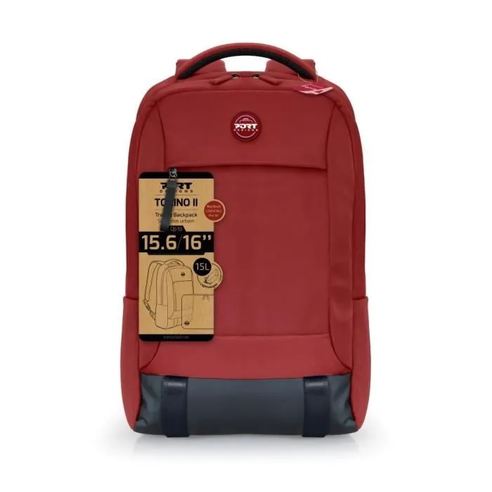 Port Designs Sac à Dos Torino II pour Ordinateur Portable 15.6/16 Pouces, 15L, Compartiment pour PC et Tablette, Base Imperméable, Sangle Trolley - Rouge