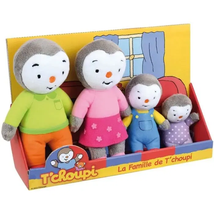 Jemini Coffret de 4 Peluches T'Choupi - Famille (T'Choupi, Fanni, Malola, Toine) - Peluches d'environ 19 cm - Jouet d'imagination pour enfants