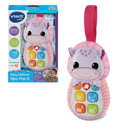V-Tech Téléphone bébé hippopotame Pop It rose - Jouet d'éveil avec textures, sons éducatifs et mélodies - Téléphone accrocheable pour enfant dès 3 mois - Réf. 80-566857