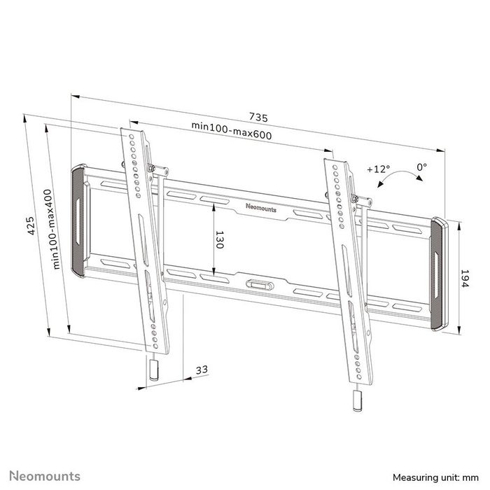 Neomounts WL35-550BL16 Support mural inclinable pour écrans plats TV 42 à 86 pouces (jusqu'à 60 kg), système magnétique pull & release, compatibilité VESA 100x100 à 600x400 mm, Noir