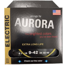 Aurora Strings Aurora Yellow 9-42 - Cordes pour guitare électrique plaquées nickel/argent, durée de vie prolongée, fabriquées aux USA