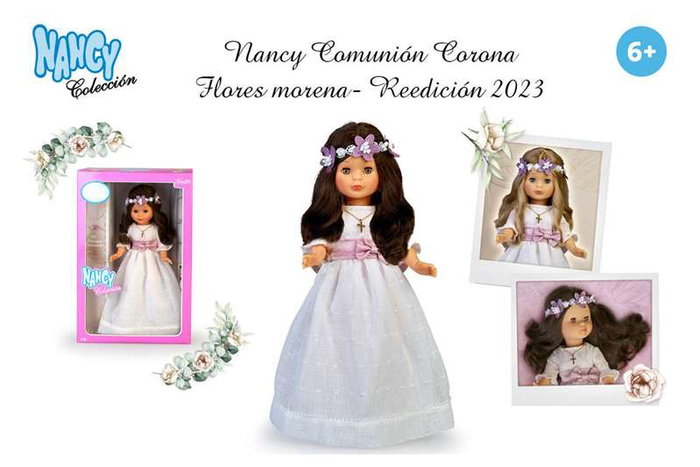 Famosa Nancy - Poupée de Communion brune 48 cm avec couronne et fleurs - Réédition 2023
