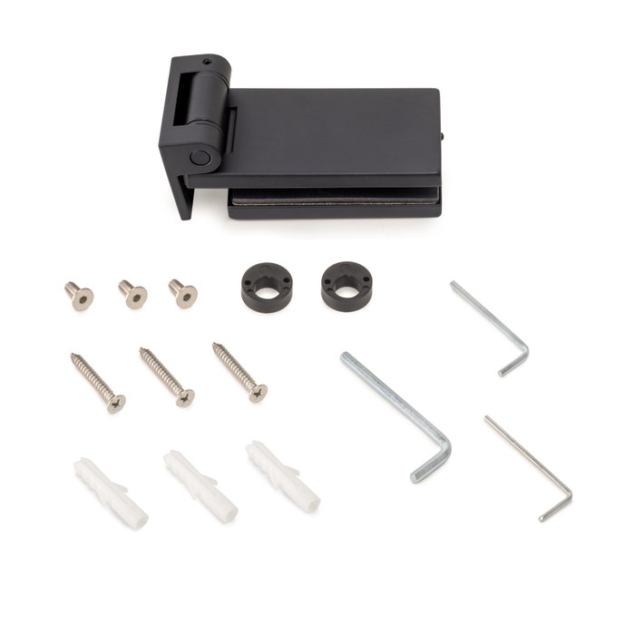 Emuca Charnière pour porte en verre avec garniture, charnière horizontale avec embout de 40mm, pour porte de 8-12mm, aluminium et acier, peinte en noir Emuca Charnière pour porte en verre avec garniture, charnière horizontale avec embout de 40mm, pour porte de 8-12mm, aluminium et acier, peinte en noir