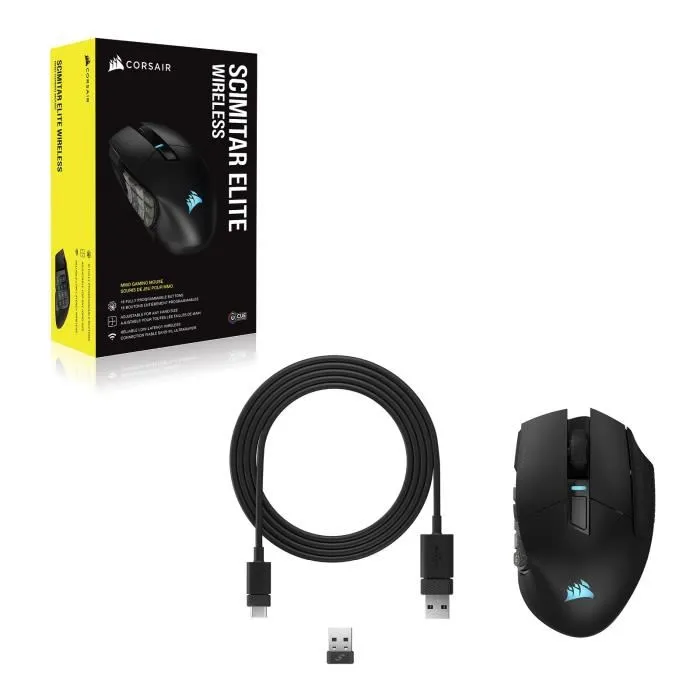 Corsair SCIMITAR ELITE RGB Wireless - Souris gaming sans fil MMO avec 16 boutons programmables, autonomie 150h, panneau latéral Key Slider ajustable - Noir (CH-9314311-EU)