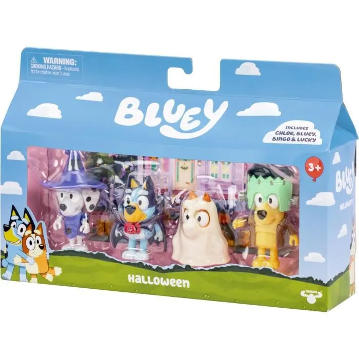 Bluey Coffret de 4 Figurines Articulées et Accessoires - Personnages et Déguisements - Jeu Enfant à partir de 3 Ans