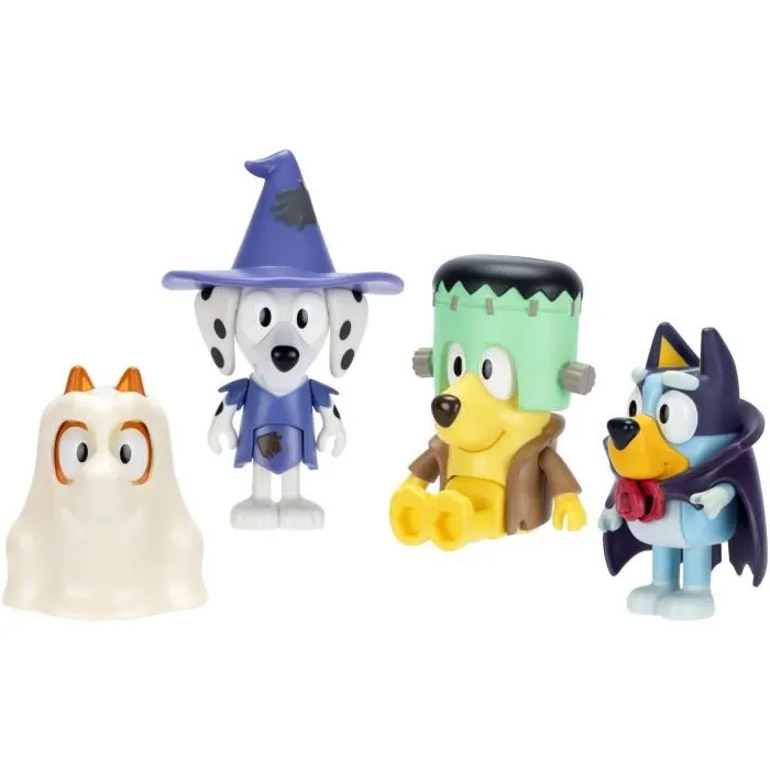 Bluey Coffret de 4 Figurines Articulées et Accessoires - Personnages et Déguisements - Jeu Enfant à partir de 3 Ans