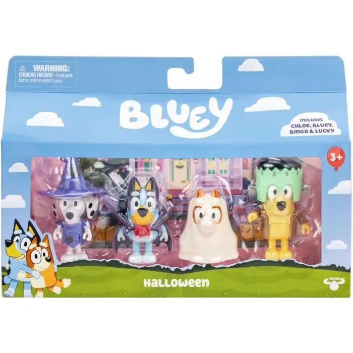 Bluey Coffret de 4 Figurines Articulées et Accessoires - Personnages et Déguisements - Jeu Enfant à partir de 3 Ans