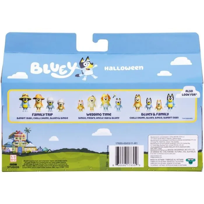 Bluey Coffret de 4 Figurines Articulées et Accessoires - Personnages et Déguisements - Jeu Enfant à partir de 3 Ans