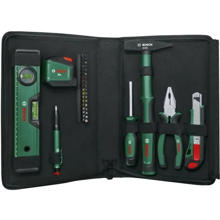 Bosch - Set d'outils à main universel 25 pièces - Pince, tournevis, cutter, marteau - Sac de rangement