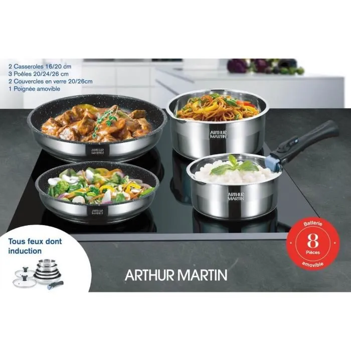 Arthur Martin AM2493 Batterie de cuisine 8 pièces en acier inoxydable - Casseroles et poêles antiadhésives avec poignées amovibles - Compatible induction