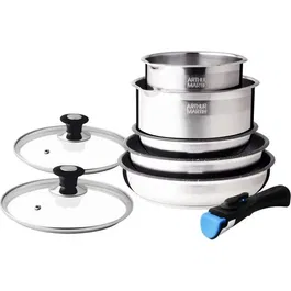 Arthur Martin AM2493 Batterie de cuisine 8 pièces en acier inoxydable - Casseroles et poêles antiadhésives avec poignées amovibles - Compatible induction