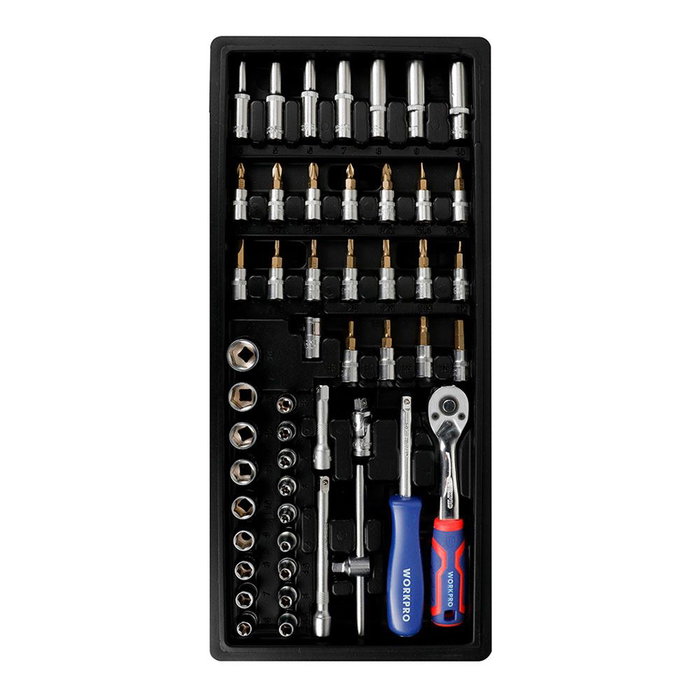 Workpro Jeu de cliquet 1/4 pouce, douilles et embouts, 50 pièces, série modulaire Workpro Jeu de cliquet 1/4 pouce, douilles et embouts, 50 pièces, série modulaire