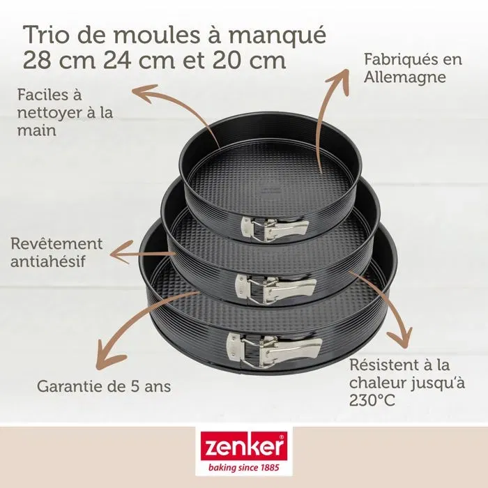 Zenker - Set de 3 Moules à Charnière Ronds Antiadhésifs Noir Métallisé - 20 cm, 24 cm, 28 cm - Pour Gâteaux à Étages Zenker - Set de 3 Moules à Charnière Ronds Antiadhésifs Noir Métallisé - 20 cm, 24 cm, 28 cm - Pour Gâteaux à Étages