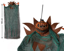 Décor de Halloween - Citrouille Monstre Suspendue 145 cm avec Visage Méchant et Cape Verte pour Décoration d'Extérieur et Fêtes