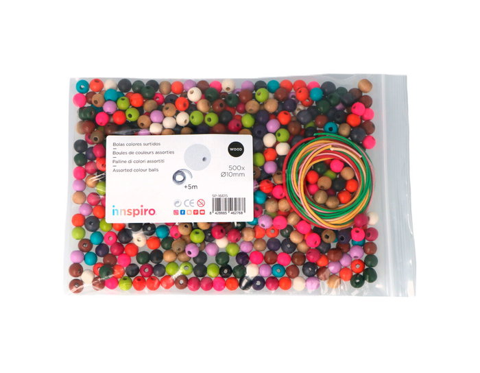 Innspiro Kit de 500 perles en bois de 10 mm et fil de coton