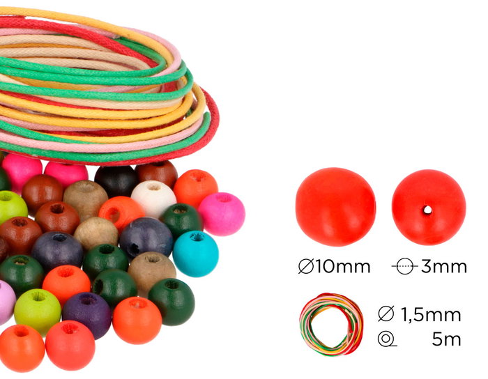 Innspiro Kit de 500 perles en bois de 10 mm et fil de coton