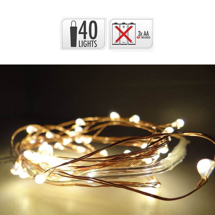 Basics Guirlande lumineuse 40 LED blanc chaud, fil de cuivre, 195 cm