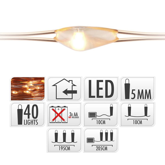 Basics Guirlande lumineuse 40 LED blanc chaud, fil de cuivre, 195 cm